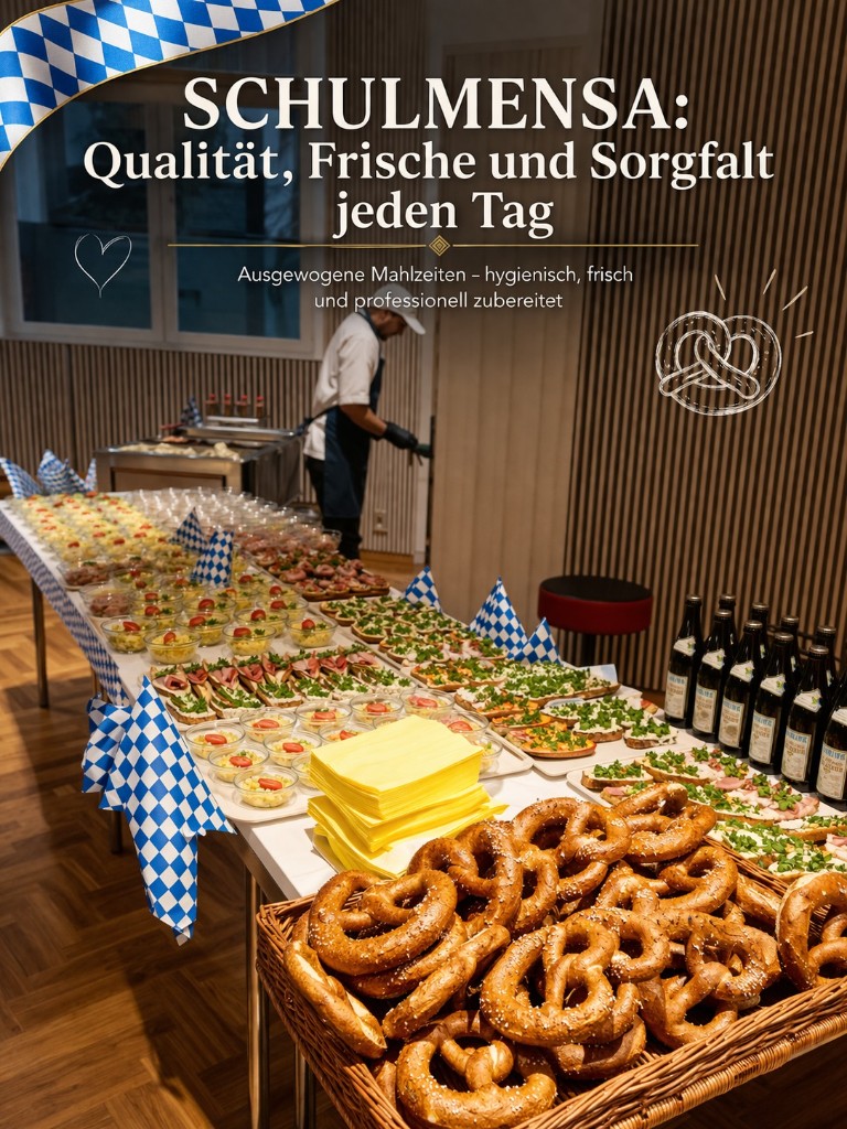 Schulmensa-Buffet mit Salaten und belegten Speisen in professioneller Präsentation.