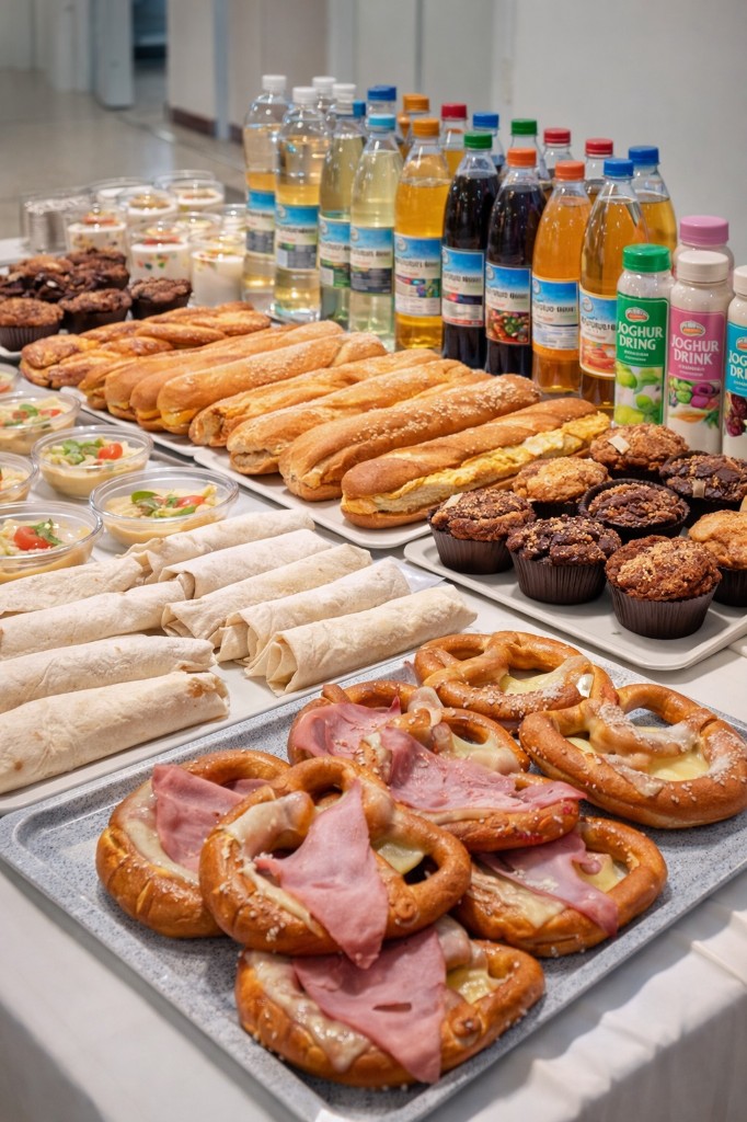 Gedeckter Veranstaltungstisch mit belegten Broten, Hummus, Muffins und Getränken.