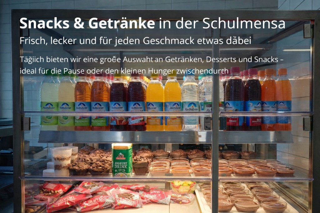 Vertikales Schulmensa-Plakat mit Buffet, Brezeln und Text zu Qualität, Frische und Sorgfalt jeden Tag.